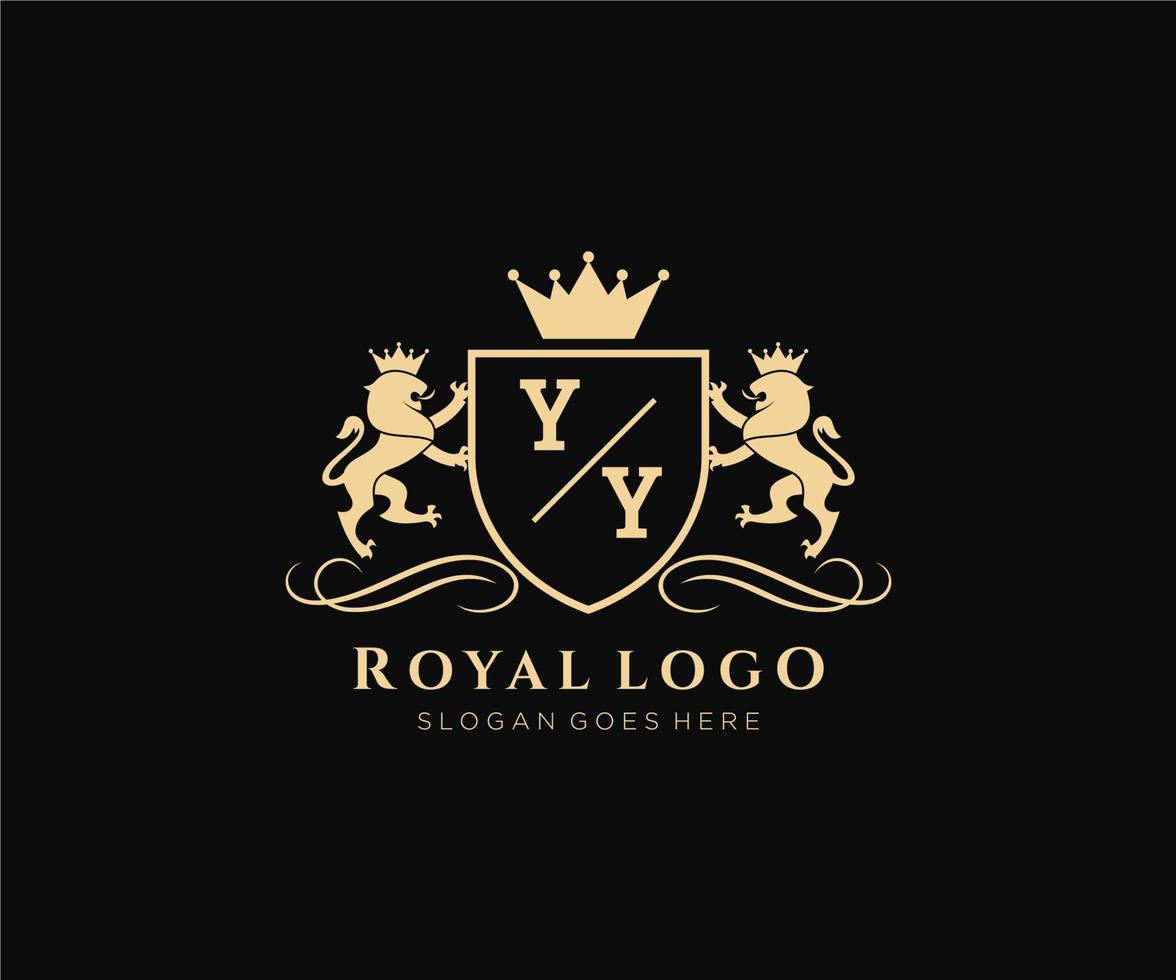 eerste yy brief leeuw Koninklijk luxe heraldisch, wapen logo sjabloon in vector kunst voor restaurant, royalty, boetiek, cafe, hotel, heraldisch, sieraden, mode en andere vector illustratie.