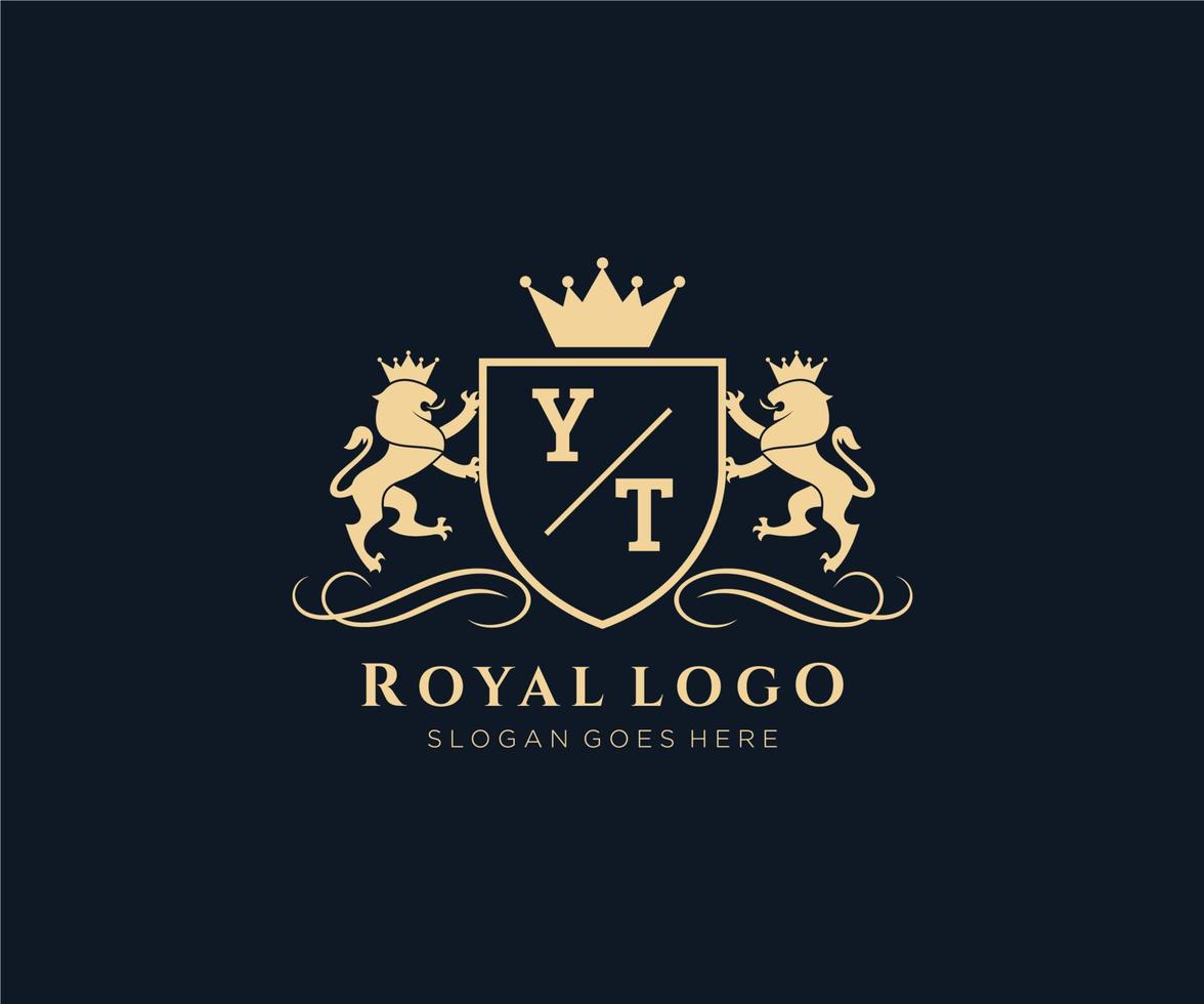 eerste yt brief leeuw Koninklijk luxe heraldisch, wapen logo sjabloon in vector kunst voor restaurant, royalty, boetiek, cafe, hotel, heraldisch, sieraden, mode en andere vector illustratie.