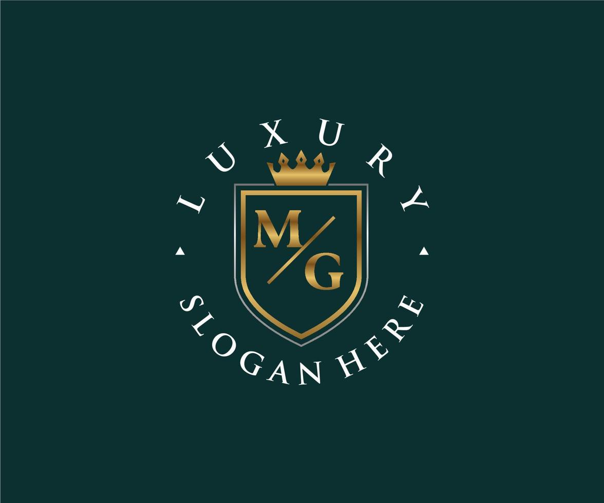 eerste mg brief Koninklijk luxe logo sjabloon in vector kunst voor restaurant, royalty, boetiek, cafe, hotel, heraldisch, sieraden, mode en andere vector illustratie.