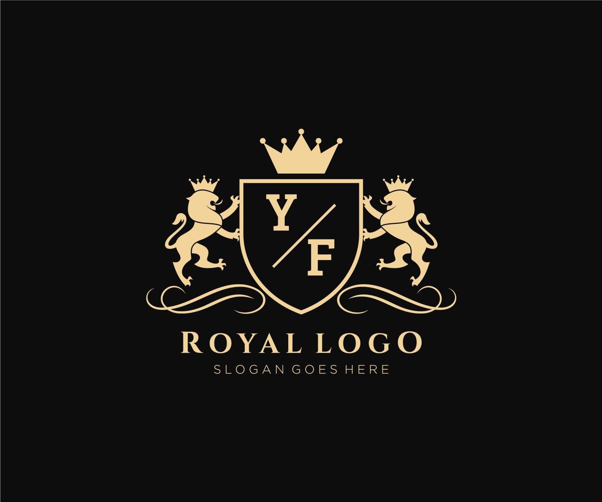 eerste yf brief leeuw Koninklijk luxe heraldisch, wapen logo sjabloon in vector kunst voor restaurant, royalty, boetiek, cafe, hotel, heraldisch, sieraden, mode en andere vector illustratie.