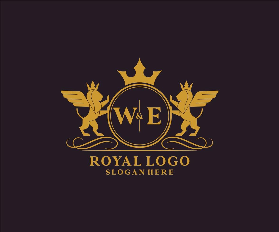 eerste wij brief leeuw Koninklijk luxe heraldisch, wapen logo sjabloon in vector kunst voor restaurant, royalty, boetiek, cafe, hotel, heraldisch, sieraden, mode en andere vector illustratie.