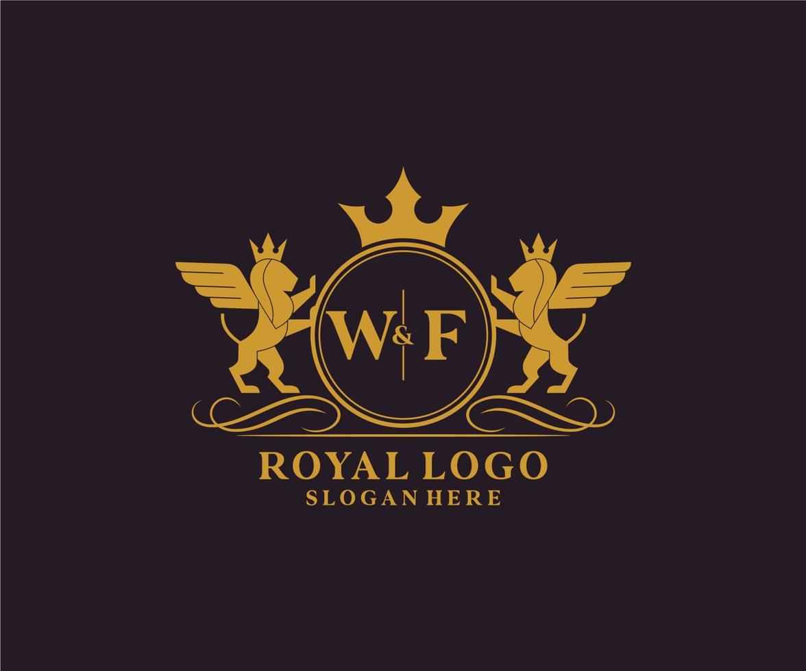 eerste wf brief leeuw Koninklijk luxe heraldisch, wapen logo sjabloon in vector kunst voor restaurant, royalty, boetiek, cafe, hotel, heraldisch, sieraden, mode en andere vector illustratie.