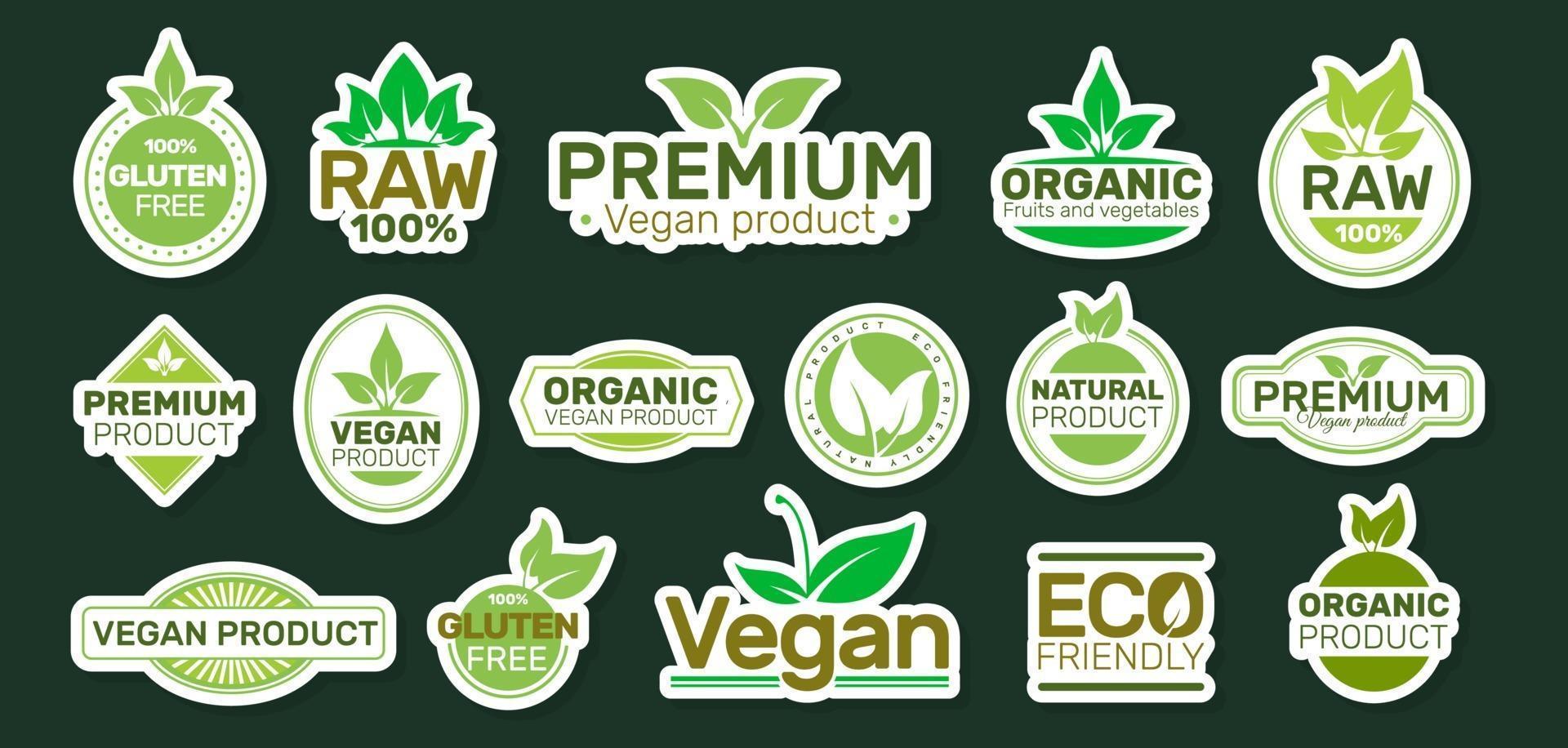 ecologiestickers met slogans. veganistische patch. bio, biologisch, vers, gezond. vector illustratie ontwerp.