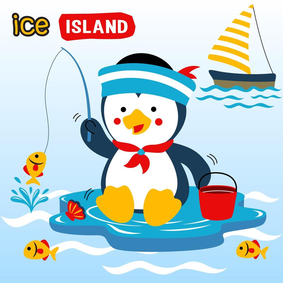 schattig pinguïn vissen, zeilboot in de zee, vector tekenfilm illustratie