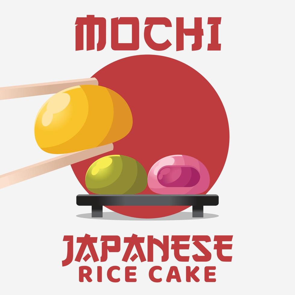 schattig mochi poster achtergrond. Japans traditioneel voedsel of tussendoortje illustratie vector voor poster, behang, decoratief. tekenfilm vlak ontwerp kunst pastel kleuren Aan kleurrijk achtergrond sjabloon.