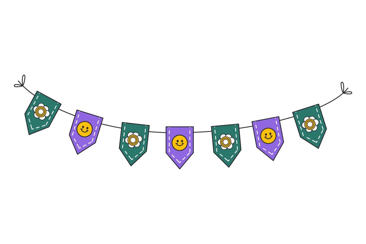 groen en Purper vlaggen voor de vakantie. retro vlaggen met madeliefjes. vlaggedoek voor partij, verjaardag, carnaval en evenement. vector illustratie geïsoleerd Aan wit achtergrond