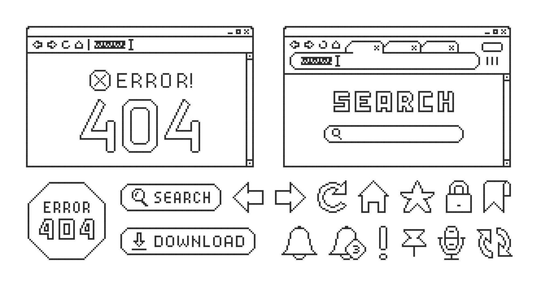 internet browser in pixel stijl. reeks van retro korrelig pictogrammen. vector