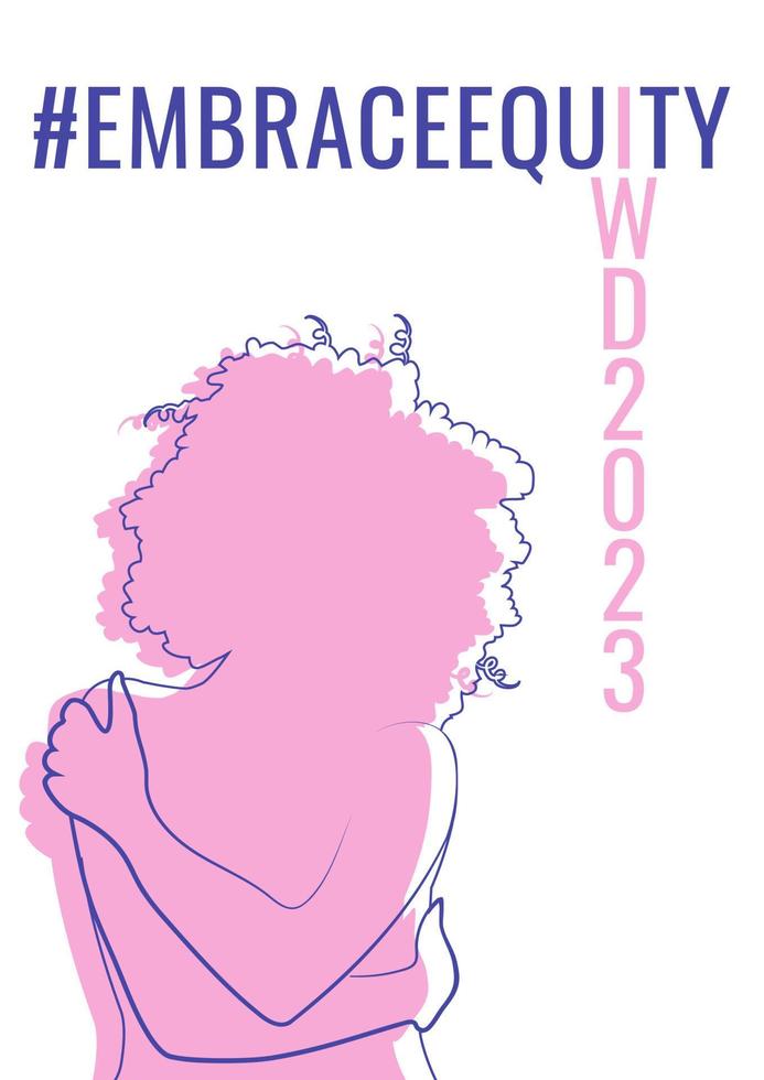 Internationale vrouwen dag banier met roze vrouw knuffelen haarzelf. omhelzing eigen vermogen beweging illustratie elementen. 2023 vrouwen dag thema - omarm gelijkheid. vector