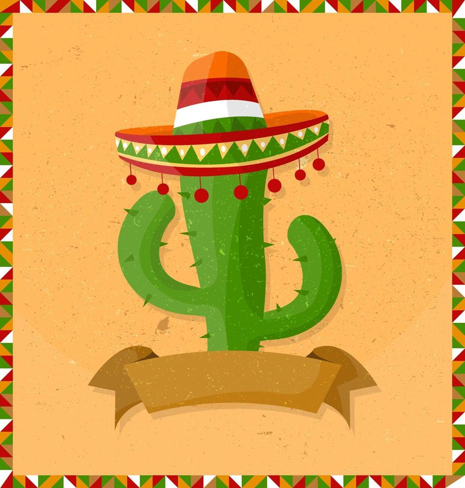 Mexico vakantie poster met grunge textuur en cactus met gitaar. cartoon stijl. vector banner.