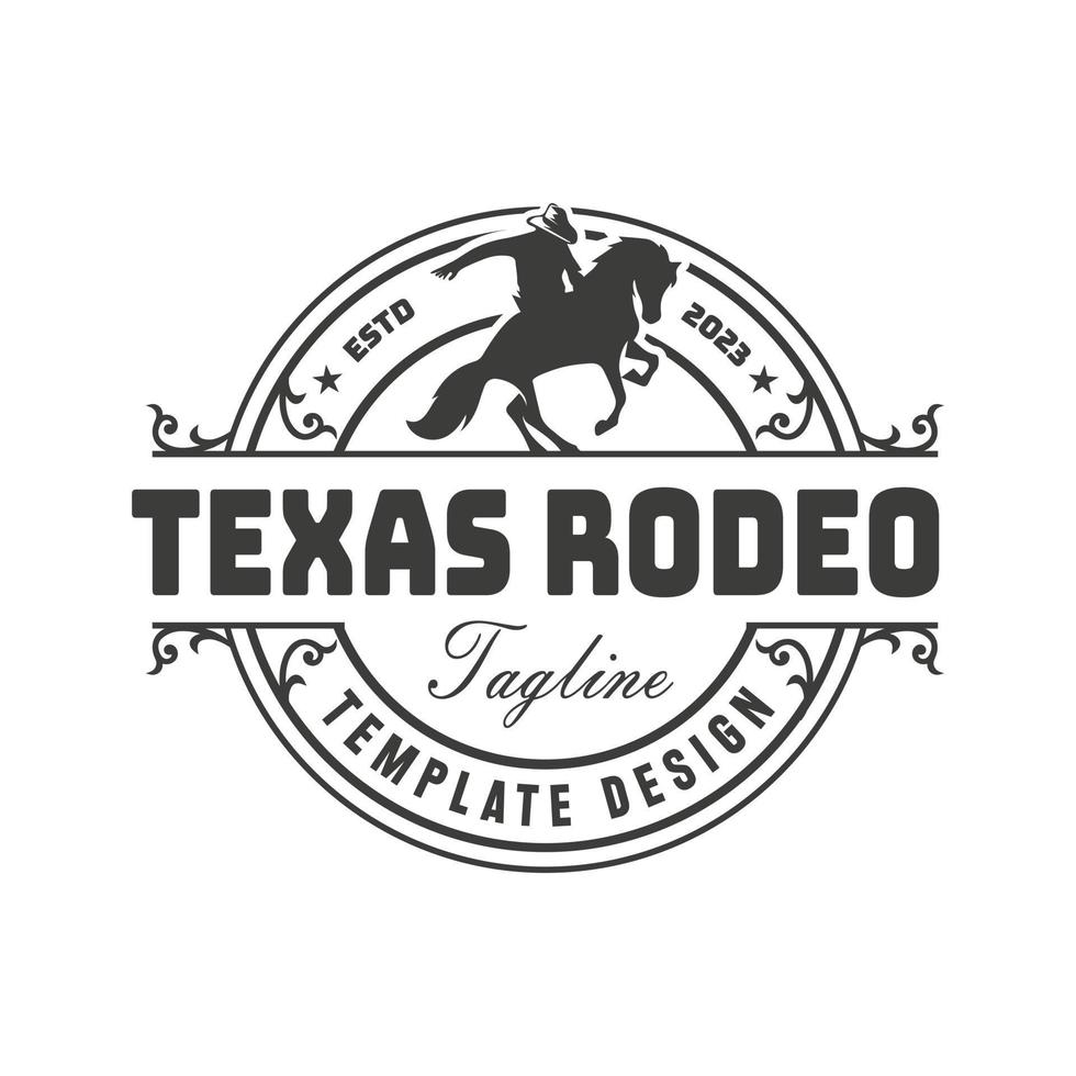 retro rodeo embleem logo met ruiter silhouet. wild west wijnoogst rodeo kenteken. vector illustratie.