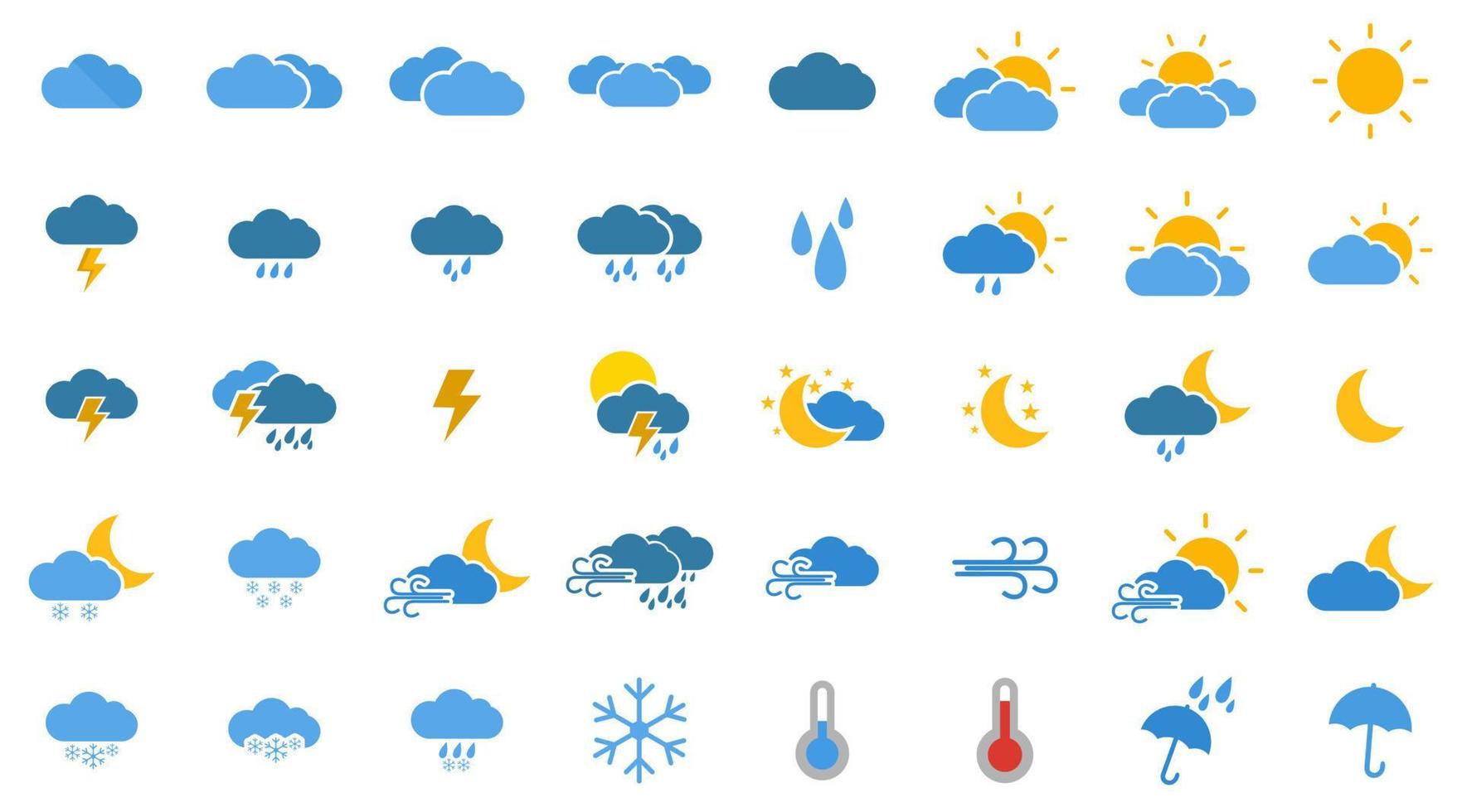 reeks van 50 weer web pictogrammen in lijn stijl. weer , wolken, zonnig dag, maan, sneeuwvlokken, wind, zon dag. vector illustratie.