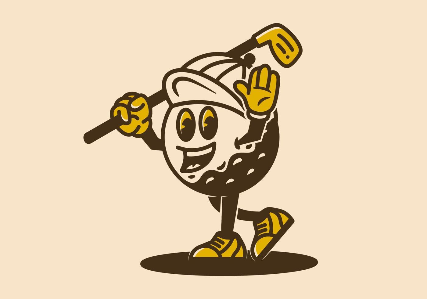 mascotte karakter van golf bal Holding een golf stok vector