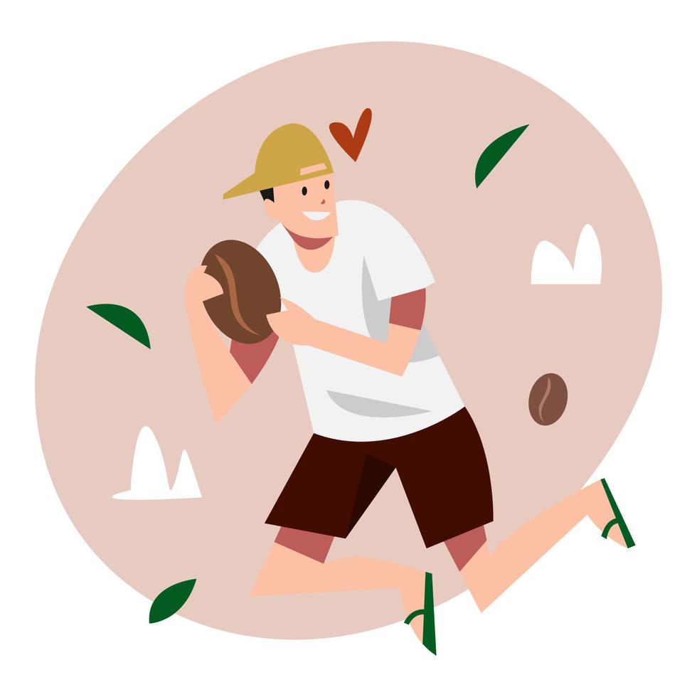 jong Mens Holding groot koffie Boon Leuk vinden spelen rugby. vlieg, zweven in de lucht. concept van koffie, planten, cafe, voelen vrij. met koffie, liefde, blad, wolk pictogrammen. vlak vector illustratie.