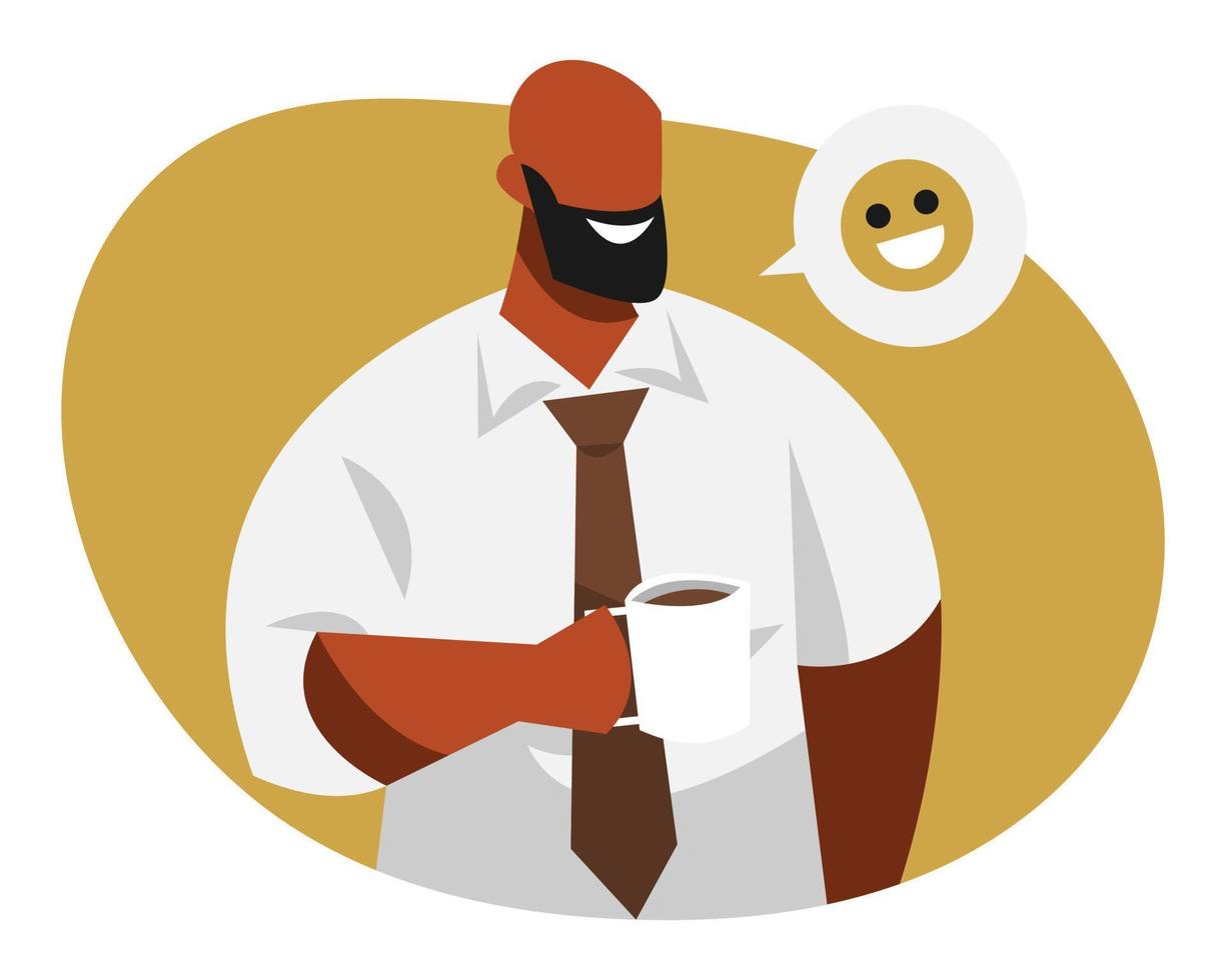 bedrijf Mens Holding en genieten van koffie in mok. gelukkig uitdrukking emoji. Afrikaanse Amerikanen. cafe, bedrijf, werk, mensen. vlak vector grafisch ontwerp.