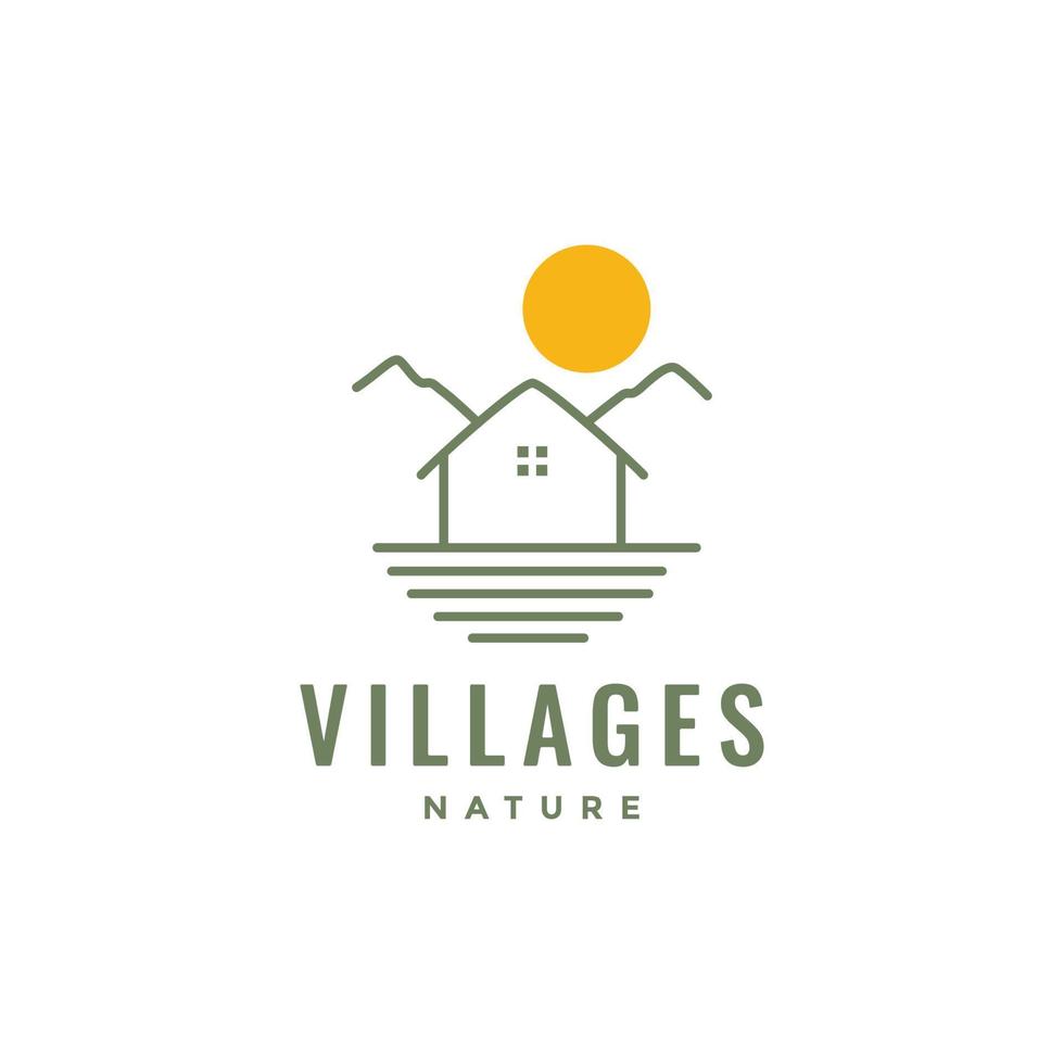 dorp huis huisje zonsondergang veld- berg kom tot rust lijn minimaal logo ontwerp vector
