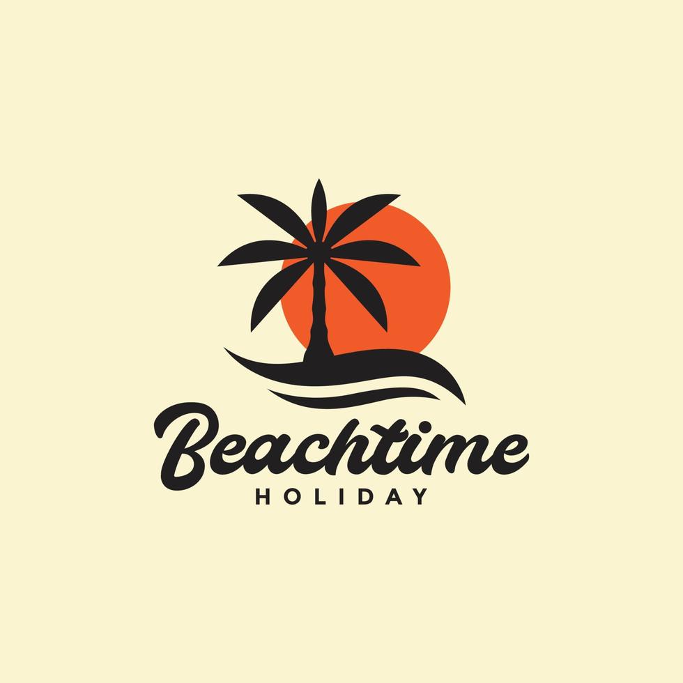 strand tijd vakantie zonsondergang kokosnoot bomen gemakkelijk wijnoogst logo ontwerp vector icoon illustratie
