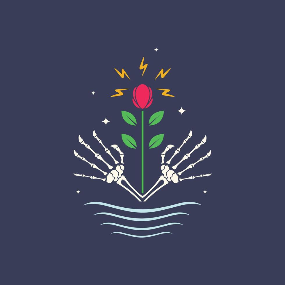 kunst hand- schedel wateren bloemen blikseminslag donker nacht logo ontwerp vector