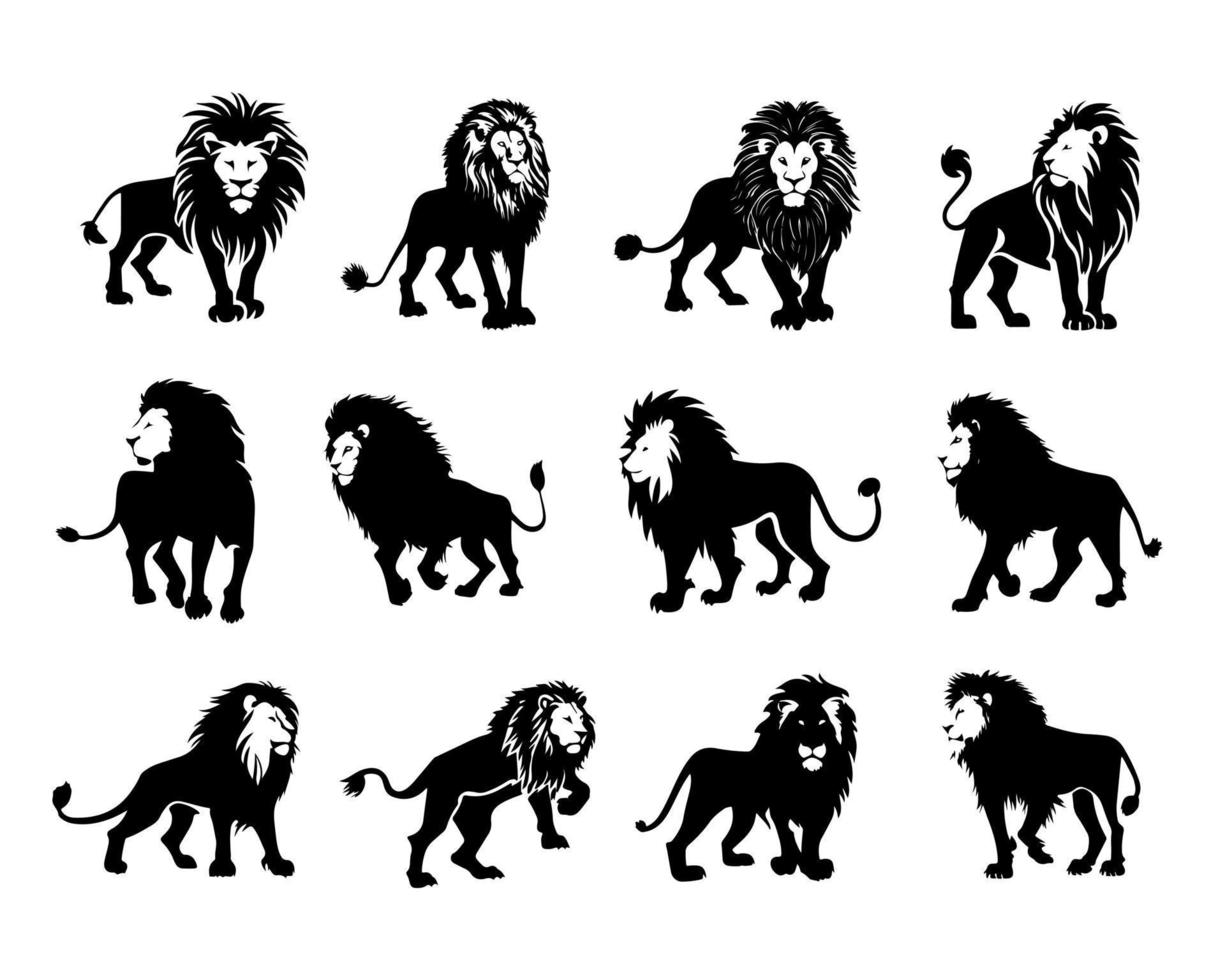leeuw koning silhouet zwart logo dieren silhouetten pictogrammen reeks hand- getrokken leeuw hoofd gezicht silhouet vector illustratie