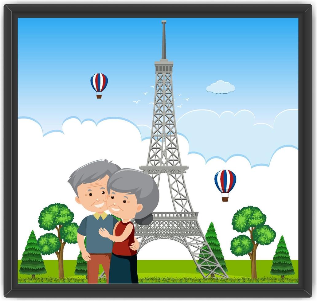 een foto van een oud echtpaar met de Eiffeltoren vector