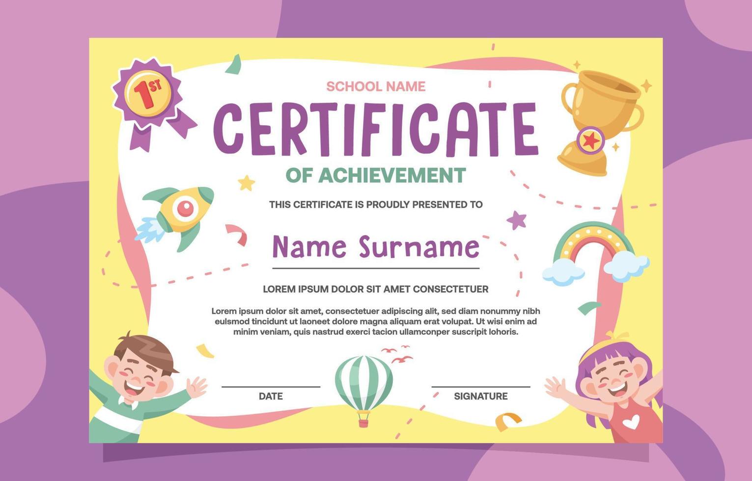 schattig school- certificaat met vrolijk kinderen vector