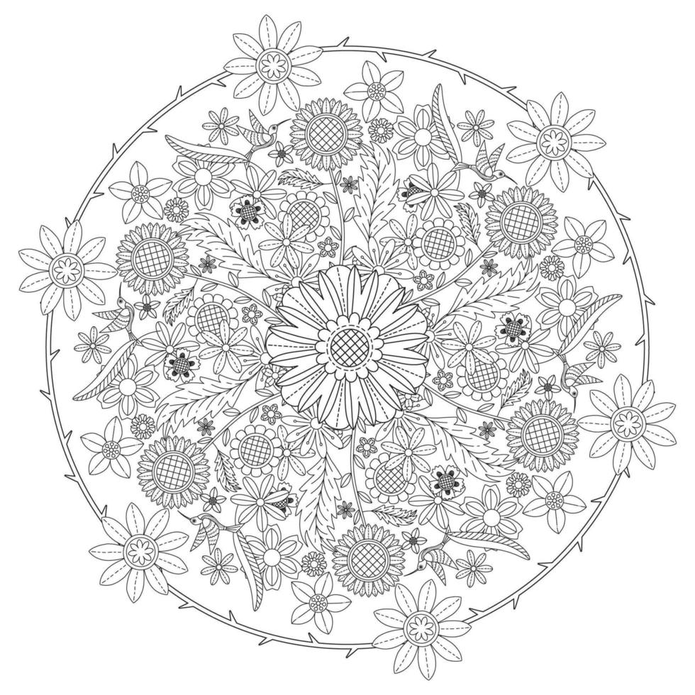 cirkelvormig bloemenpatroon in vorm van mandala, decoratief ornament in oosterse stijl, siermandala-ontwerpachtergrond met wijnstokken, vogels en vlinders Gratis Vector