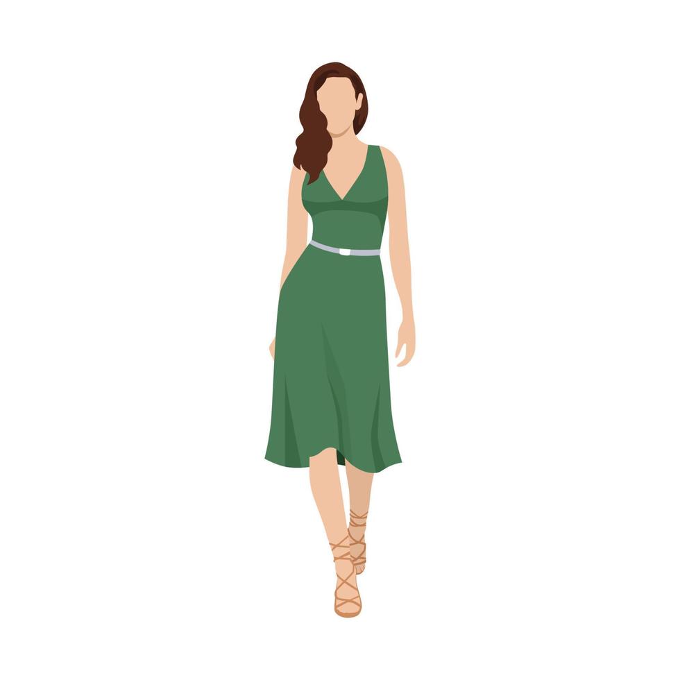 bedrijf rood haar- vrouw in kort groen jurk wandelen, laag veelhoekige geïsoleerd vector illustratie, mode model- catwalk, voorkant visie. meetkundig tekening van driehoeken