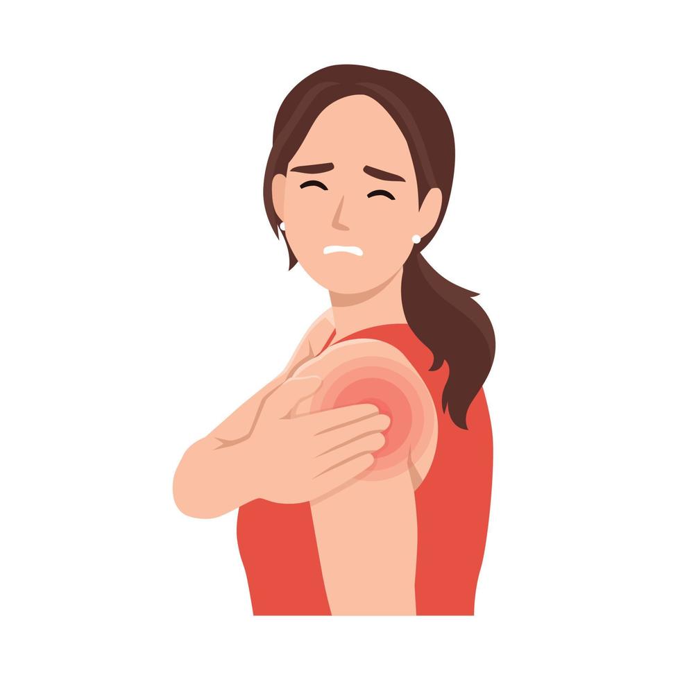 jong vrouw lijden van pijn in de nek. zeer nek, schouder. pijn in rug. vlak vector illustratie geïsoleerd Aan wit achtergrond