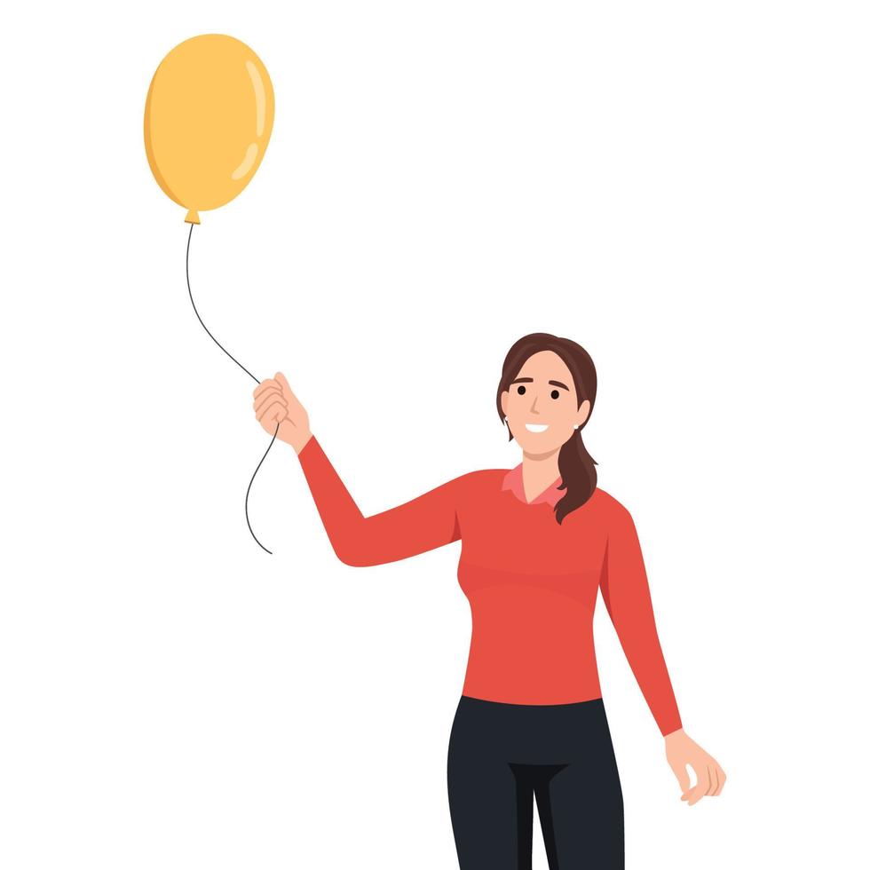 jong vrouw denken over liefde Holding geel ballon . vlak vector illustratie geïsoleerd Aan wit achtergrond