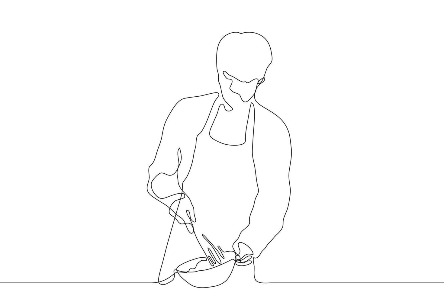 een doorlopend lijn kunst.de koken houdt een menging kom en een garde. een jong Mens in een schort met een garde, met zijn andere hand- houdt een bord. kan worden gebruikt voor animatie. vector