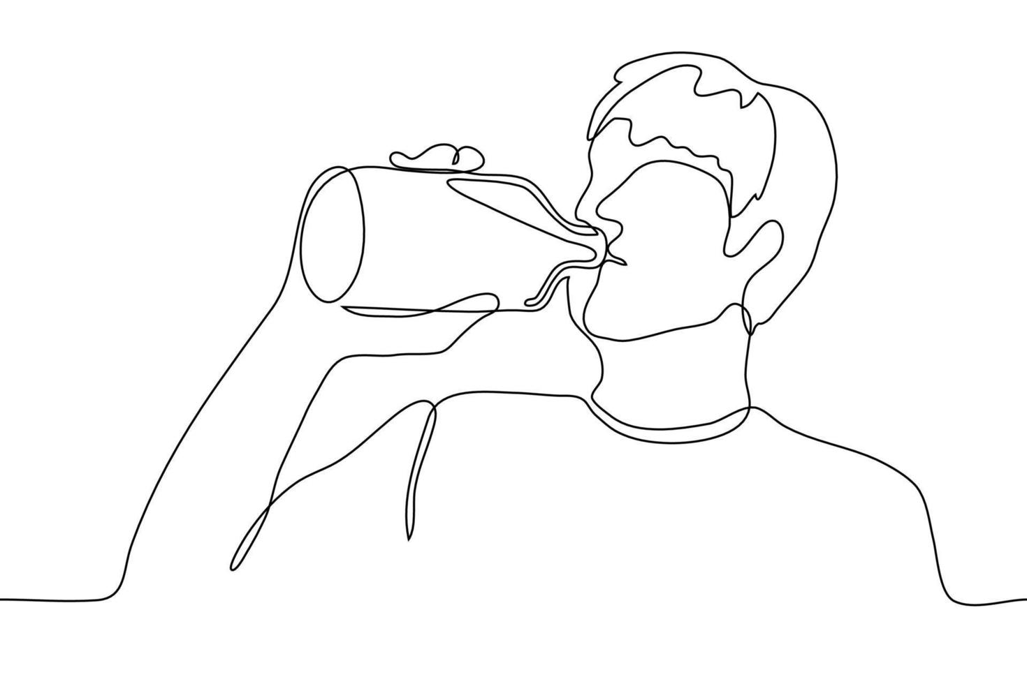 een Mens met lang haar- drankjes een drinken water, alcohol direct van de fles. een doorlopend lijn tekening van een Mens alcoholisch drinken alcohol vector