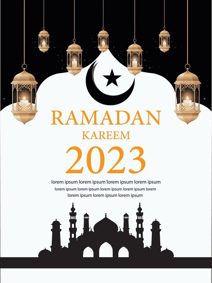 hadj en umrah luxe pakket folder, Ramadan kareem folder sjabloon Islamitisch brochure post Arabisch kalligrafie, groet kaart viering van moslim gemeenschap festival, vertaling de maand van vastend vector