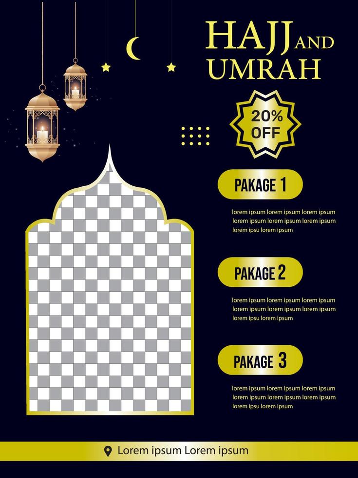 hadj en umrah luxe pakket folder, Ramadan kareem folder sjabloon Islamitisch brochure post Arabisch kalligrafie, groet kaart viering van moslim gemeenschap festival, vertaling de maand van vastend vector