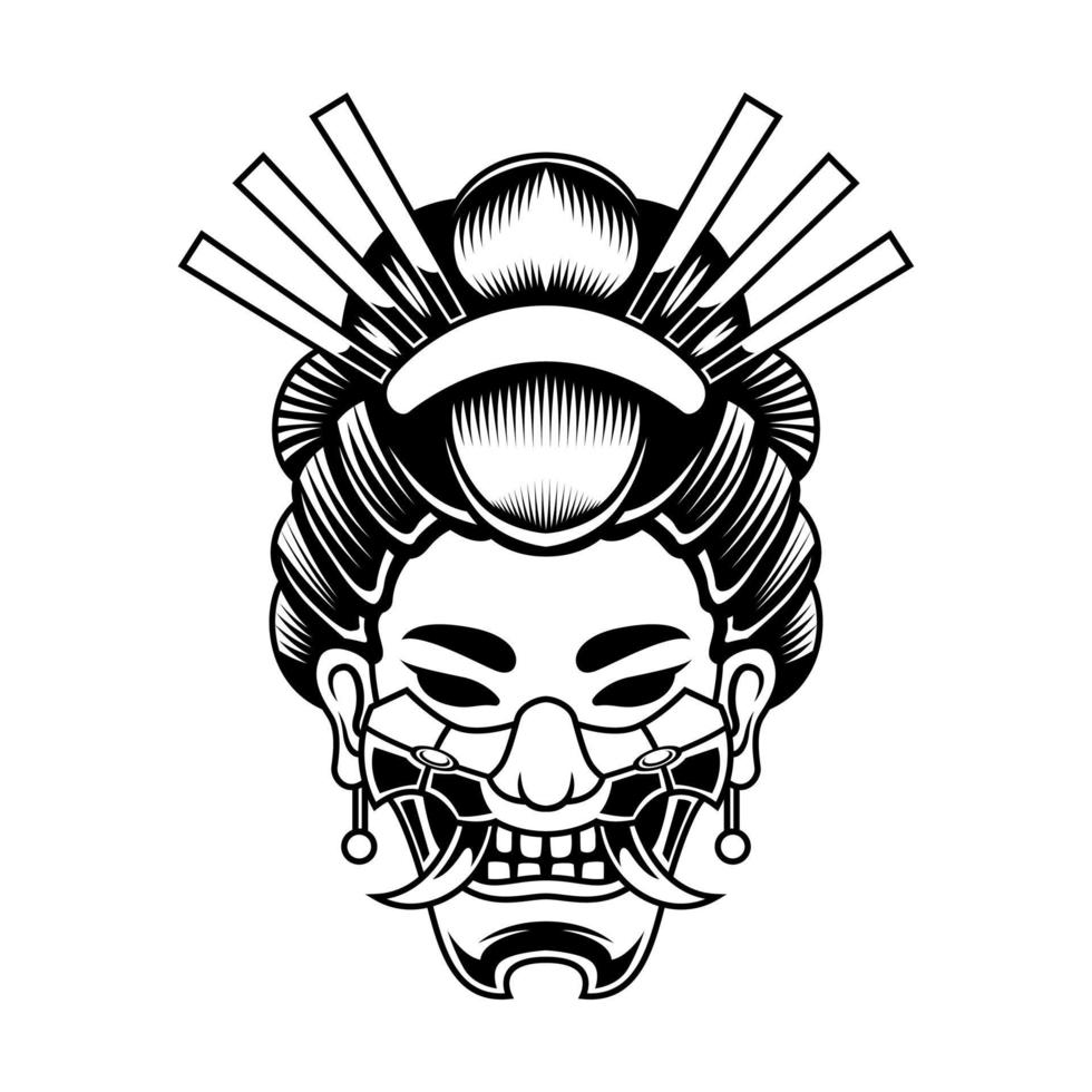 geisha met hanya masker zwart en wit samurai krijger logo wijnoogst vector illustratie