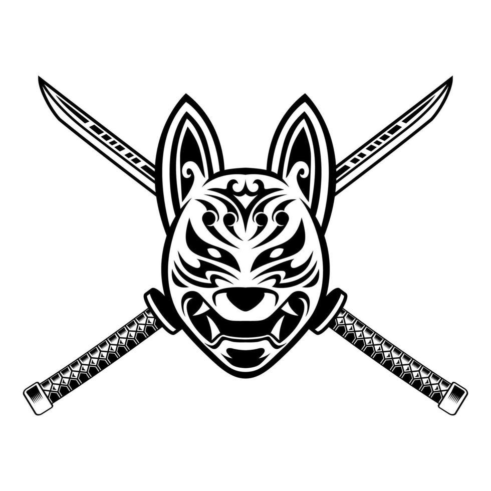 kitsune hoofd en kruis katana samurai vector illustratie zwart en wit