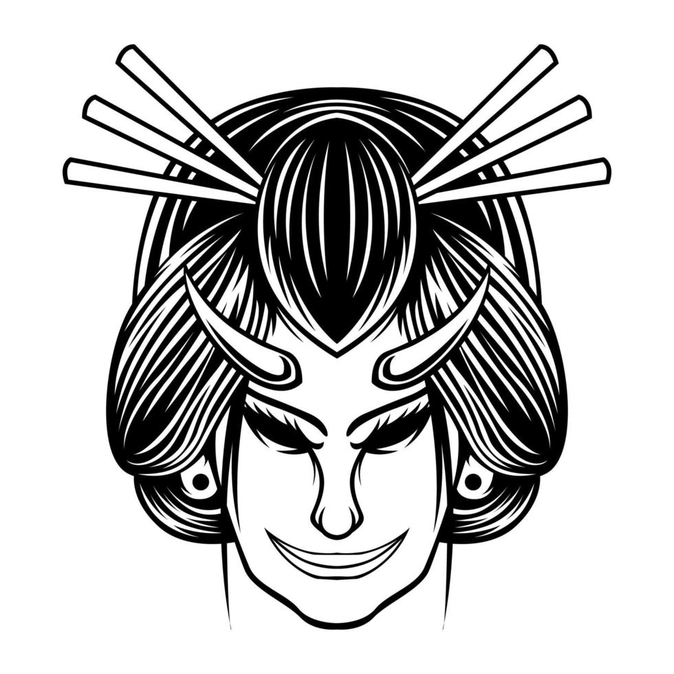 duivel geisha meisje zwart en wit tekening mascotte logo ontwerp vector illustratie in modern stijl ontwerp