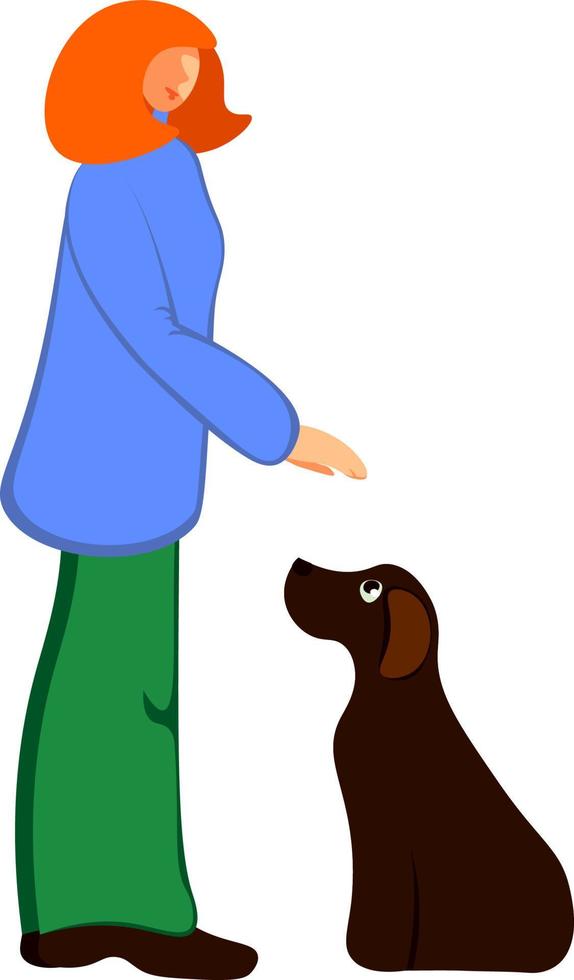 jong vrouw kinderboerderij een hond. vector tekening.