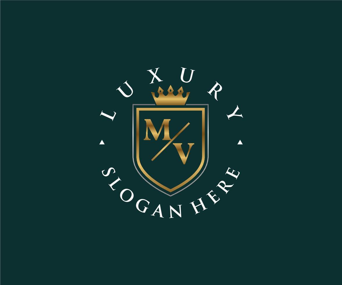 eerste mv brief Koninklijk luxe logo sjabloon in vector kunst voor restaurant, royalty, boetiek, cafe, hotel, heraldisch, sieraden, mode en andere vector illustratie.