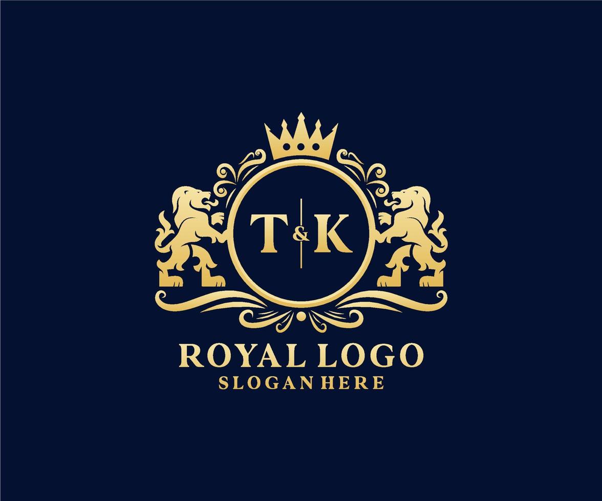 eerste tk brief leeuw Koninklijk luxe logo sjabloon in vector kunst voor restaurant, royalty, boetiek, cafe, hotel, heraldisch, sieraden, mode en andere vector illustratie.