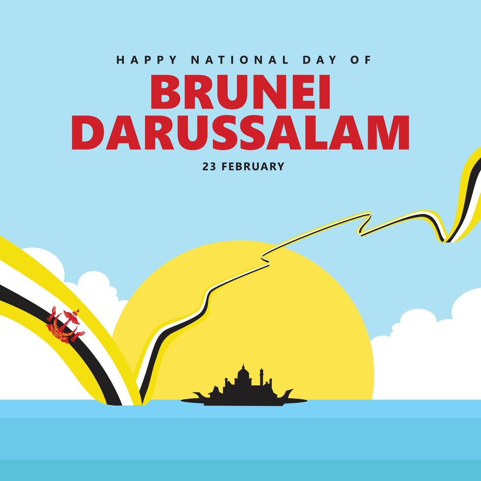 Brunei Darussalam nationaal dag vector illustratie met een lang vlag en silhouet van de paleis binnen helder dag landschap.