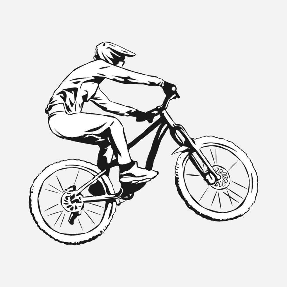 bmx fiets rijder, bergafwaarts, fietser. hand- getrokken vector illustratie, zwart en wit, silhouet. concept van extreem sport, voertuigen, activiteiten, enz. geschikt voor afdrukken, sticker, t -shirt ontwerp