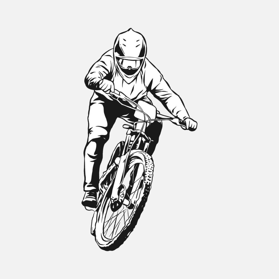 bmx fiets rijder, bergafwaarts, fietser. hand- getrokken vector illustratie, zwart en wit, silhouet. concept van extreem sport, voertuigen, activiteiten, enz. geschikt voor afdrukken, sticker, t -shirt ontwerp