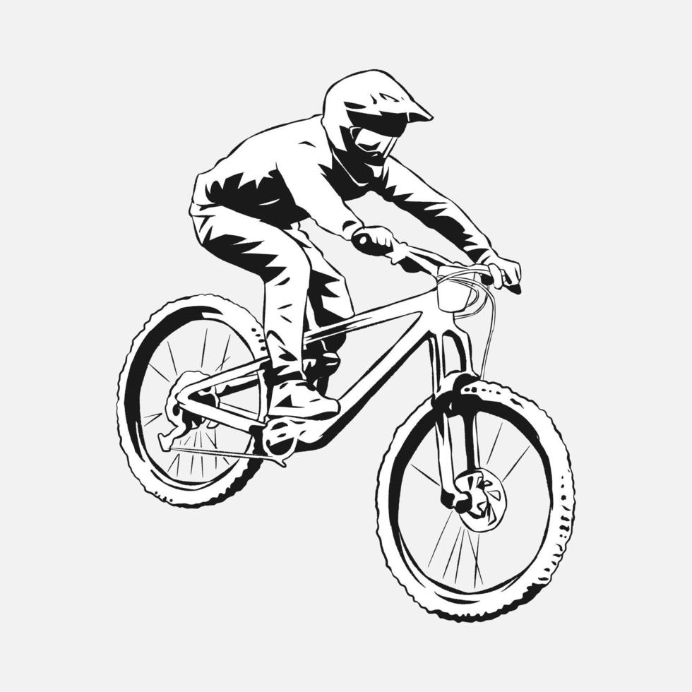 bmx fiets rijder, bergafwaarts, fietser. hand- getrokken vector illustratie, zwart en wit, silhouet. concept van extreem sport, voertuigen, activiteiten, enz. geschikt voor afdrukken, sticker, t -shirt ontwerp