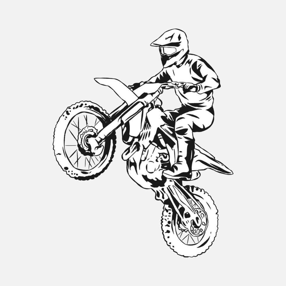motorcross racer, rijder. hand- getrokken illustratie, zwart en wit, silhouet. aarde fiets concepten, extreem sport, voertuig, motorfiets gemeenschap. perfect voor overhemden, stickers, afdrukken, enz. vector