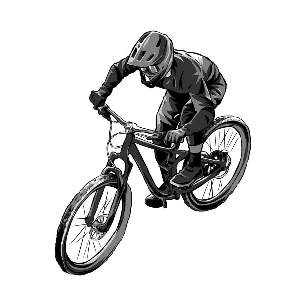 extreem sport- rijder, bmx fietser, bergafwaarts, ras, fietser. monochroom. perfect voor de fiets gemeenschap voor t -shirt, sticker, afdrukken, enz. hand- getrokken vector illustratie.