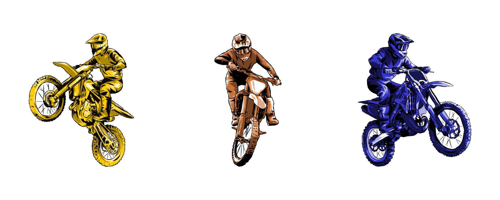 reeks verzameling van motorcross rijder silhouetten. monochroom kleur. concept van sport, extreem, ras, motorfiets. voor sticker, afdrukken, enz. hand- getrokken vector illustratie.