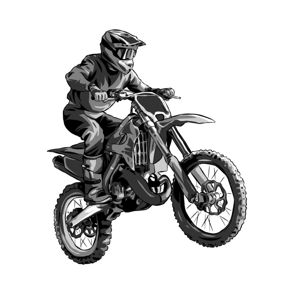 motorcross racer, monochroom kleur. concept van sport, extreem, ras, motorfiets. voor sticker, afdrukken, enz. hand- getrokken vector illustratie.