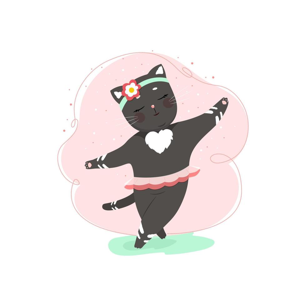 blij kat in een rok dansen, schattig kat karakter in vlak stijl. vector illustratie van een huisdier