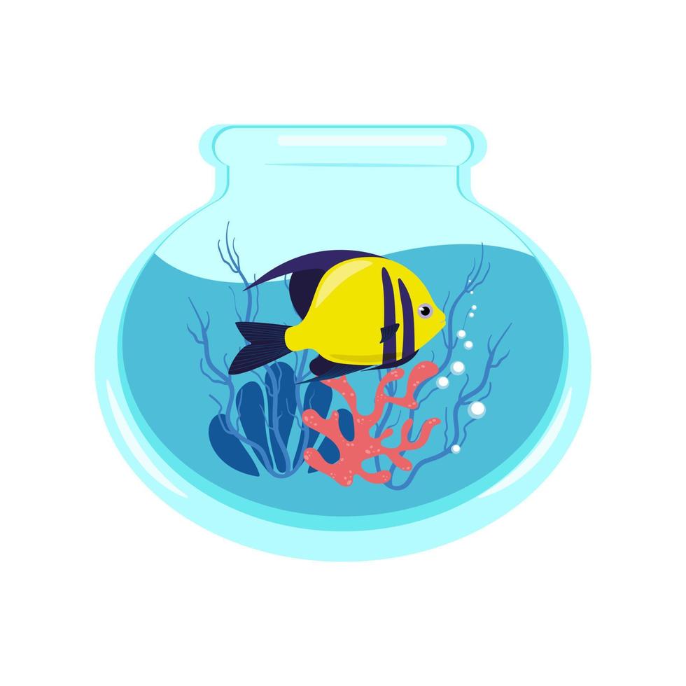 helder geel kleurrijk vis in een aquarium met koralen en algen, vector illustratie van een aquarium in een vlak stijl. afdrukken voor kleren