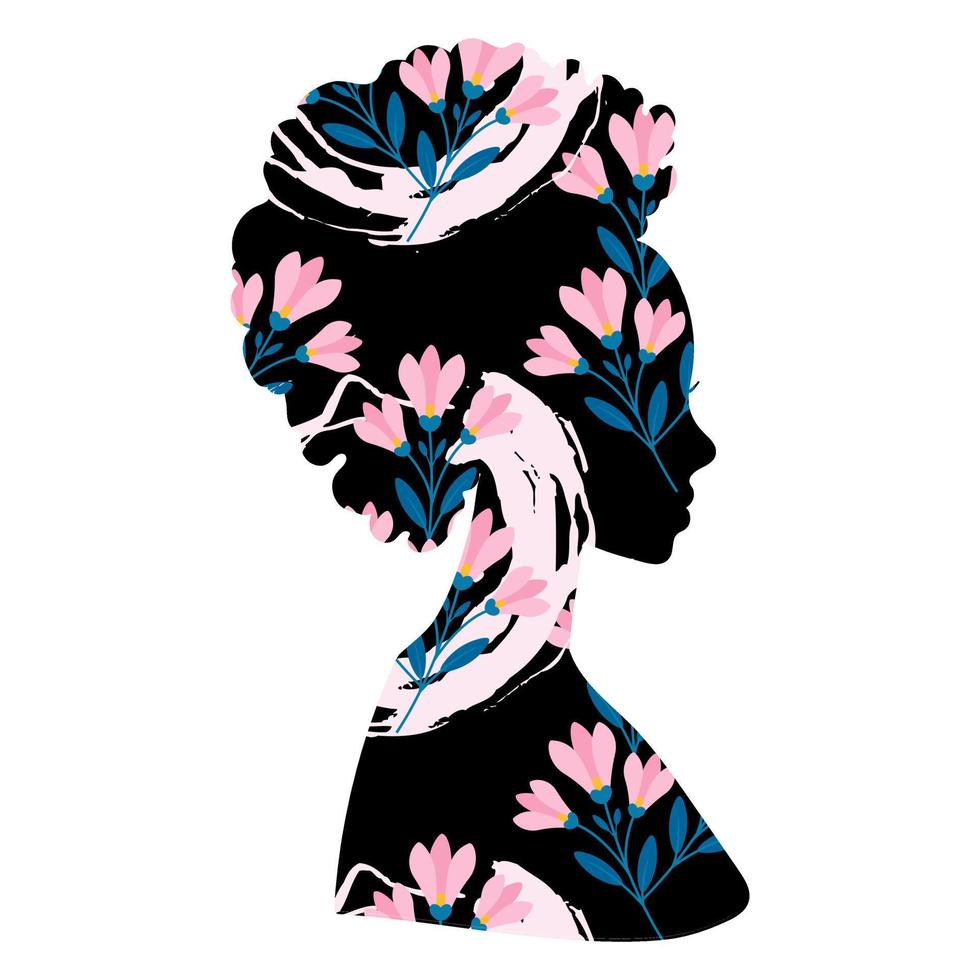 Afrikaanse Amerikaans vrouw silhouet bloemen afdrukken. vector illustratie van een abstract vrouw.