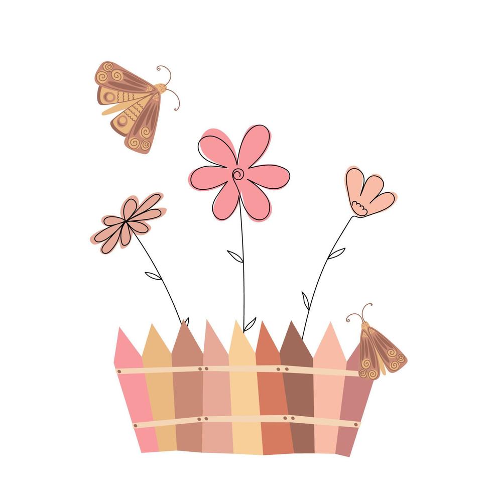 gekleurde gestileerde wild madeliefjes bloemen achter de hek met vlinders Aan een wit achtergrond. kamille ontwerp voor merk boek, logo, folder vector